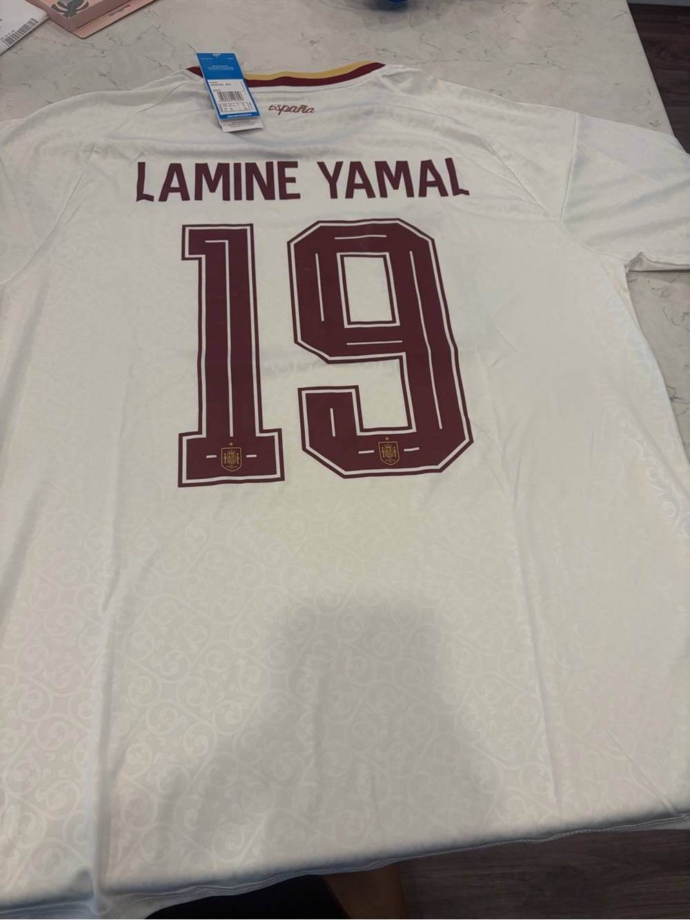 adidas Spain Lamine Yamal #19 White and Maroon Soccer Jersey